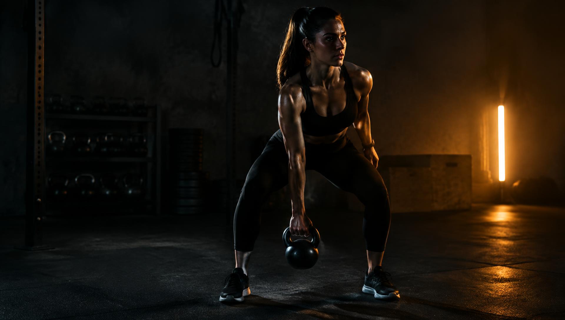 Athlete training with a kettlebell in a dark gym